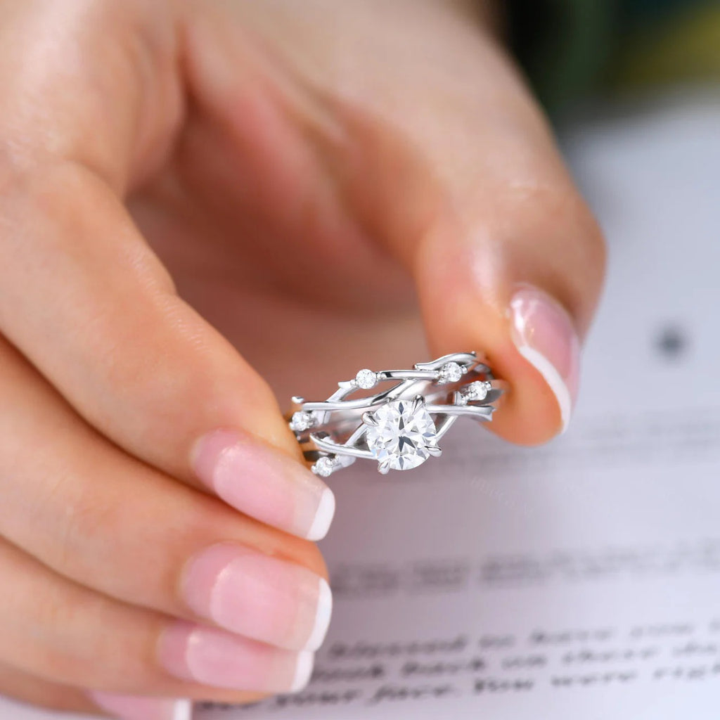 Round Cut Moissanite Twig Solitaire Engagement Bridal Sets