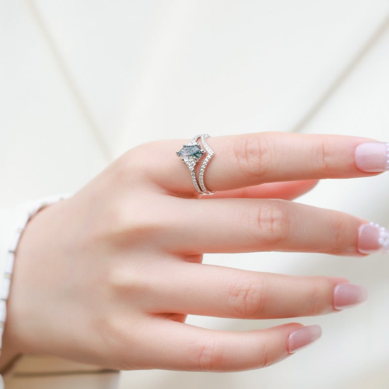 Hexagon Cut Moss Agate Classic Bridal Set