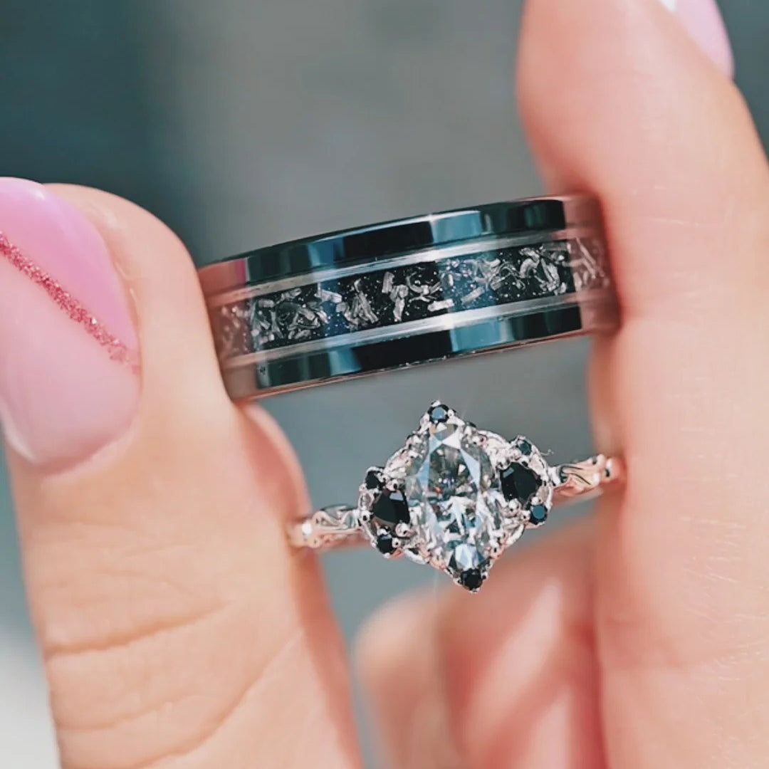 Three Stone Oval Grey Moissanite & Black Moissanite Gothic Ring