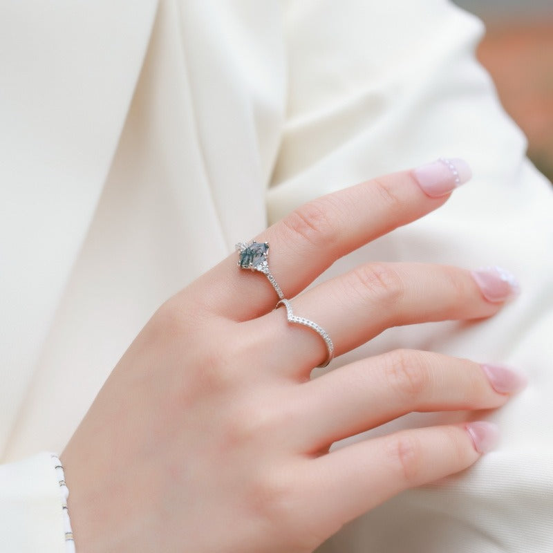 Hexagon Cut Moss Agate Classic Bridal Set