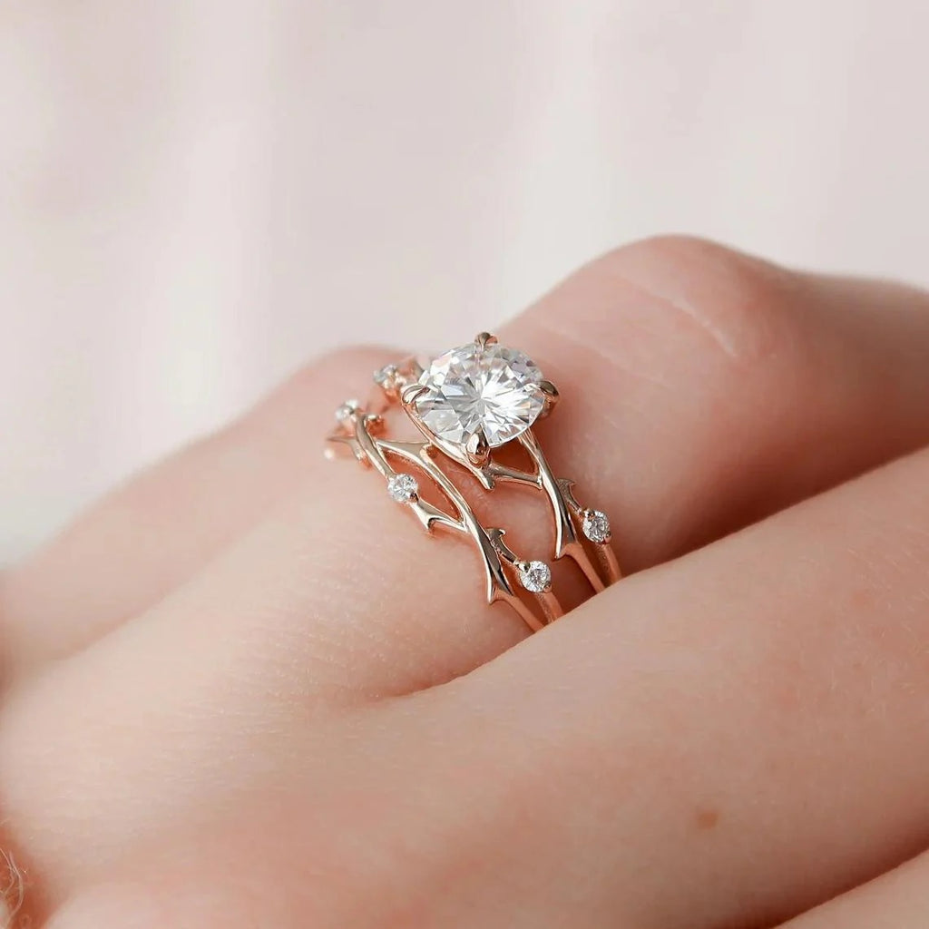 Round Cut Moissanite Twig Solitaire Engagement Bridal Sets