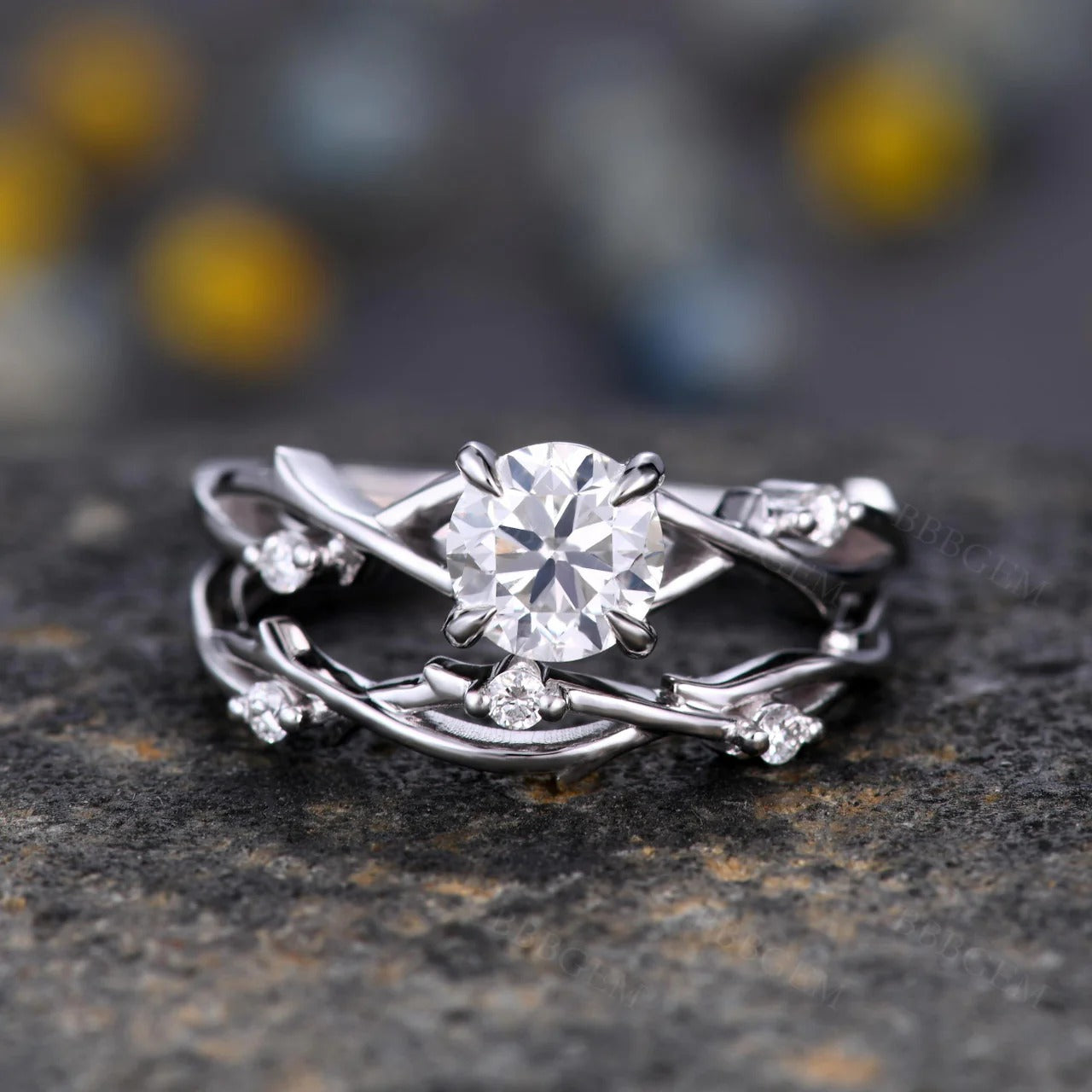 Round Cut Moissanite Twig Solitaire Engagement Bridal Sets