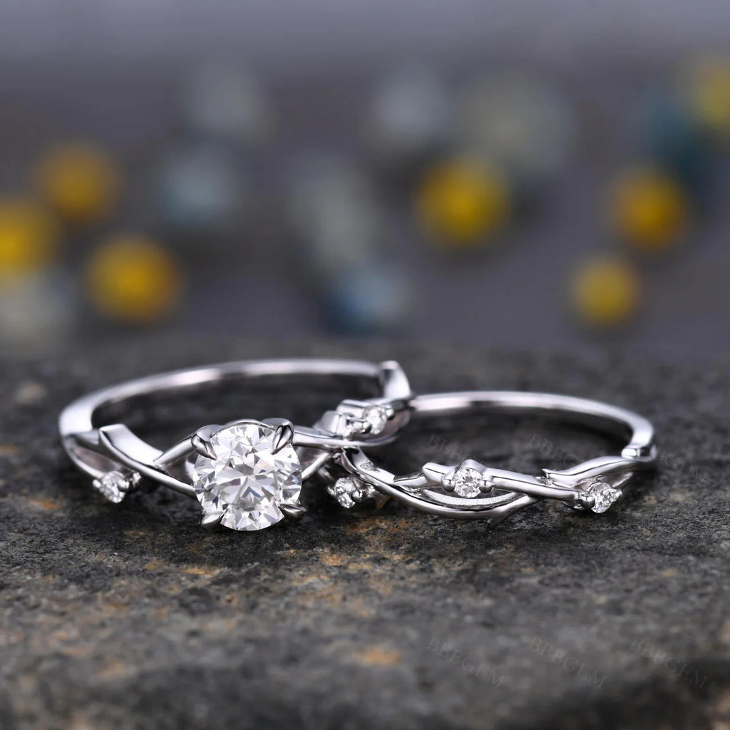 Round Cut Moissanite Twig Solitaire Engagement Bridal Sets