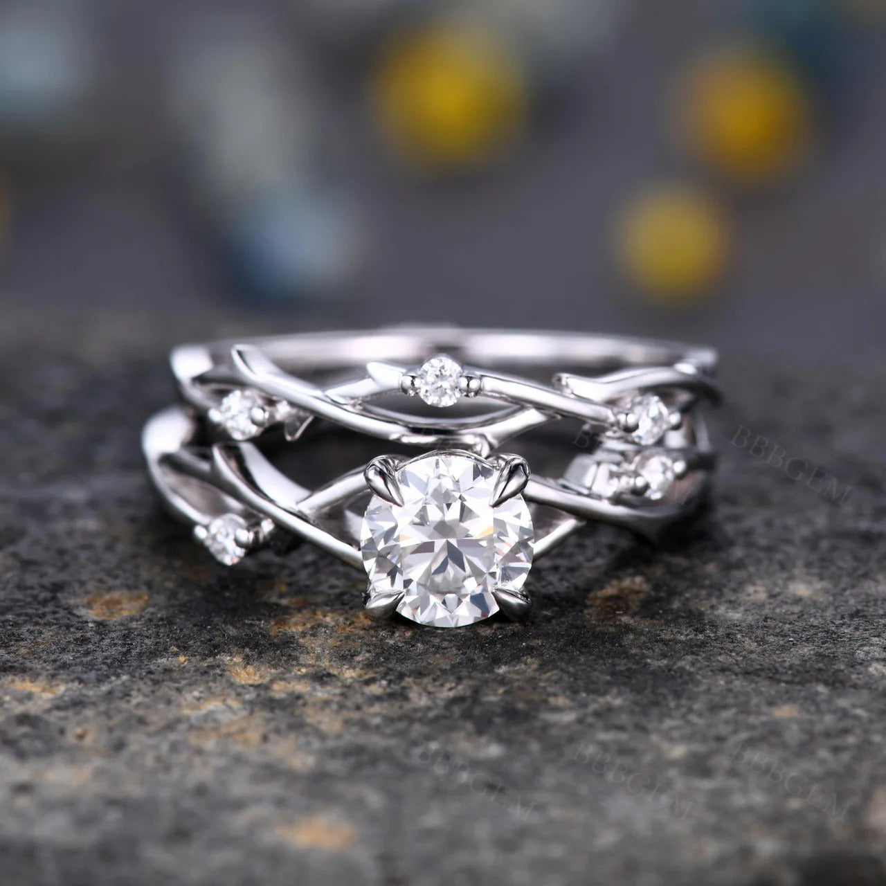 Round Cut Moissanite Twig Solitaire Engagement Bridal Sets