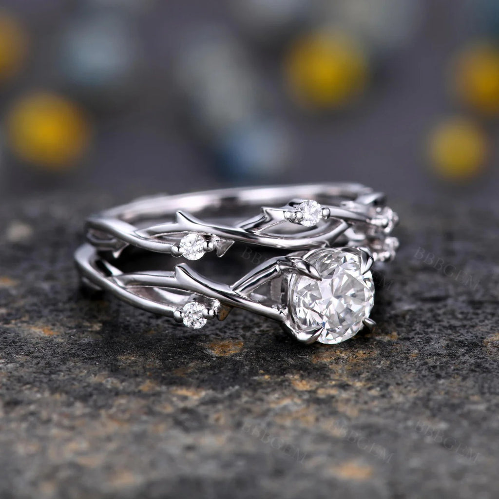 Round Cut Moissanite Twig Solitaire Engagement Bridal Sets