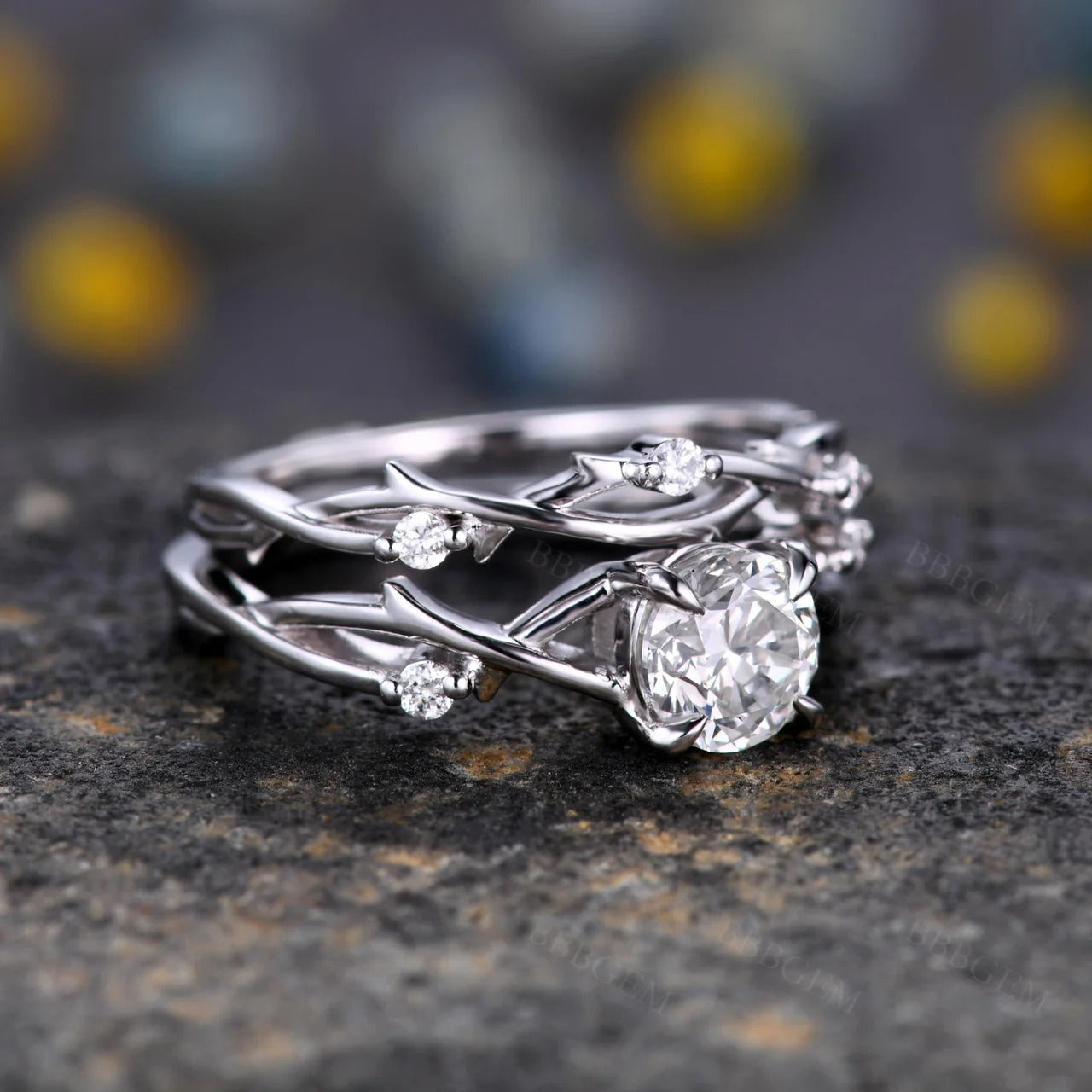 Round Cut Moissanite Twig Solitaire Engagement Bridal Sets
