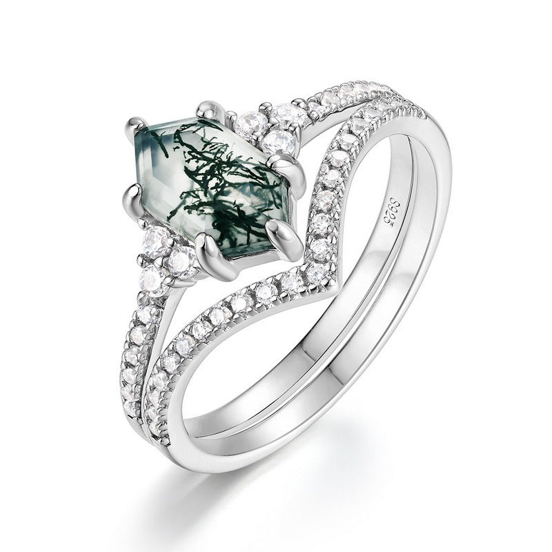 Hexagon Cut Moss Agate Classic Bridal Set