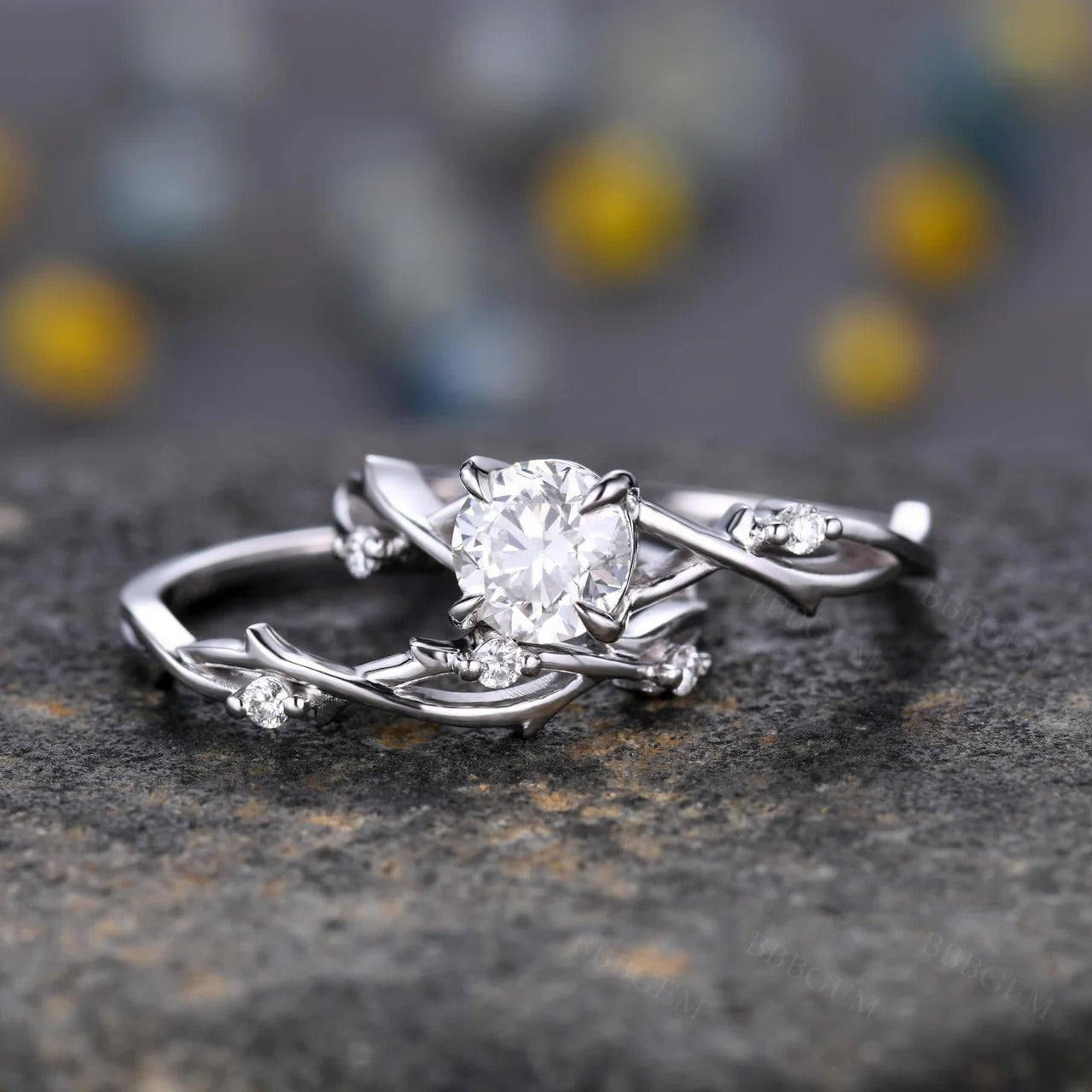 Round Cut Moissanite Twig Solitaire Engagement Bridal Sets