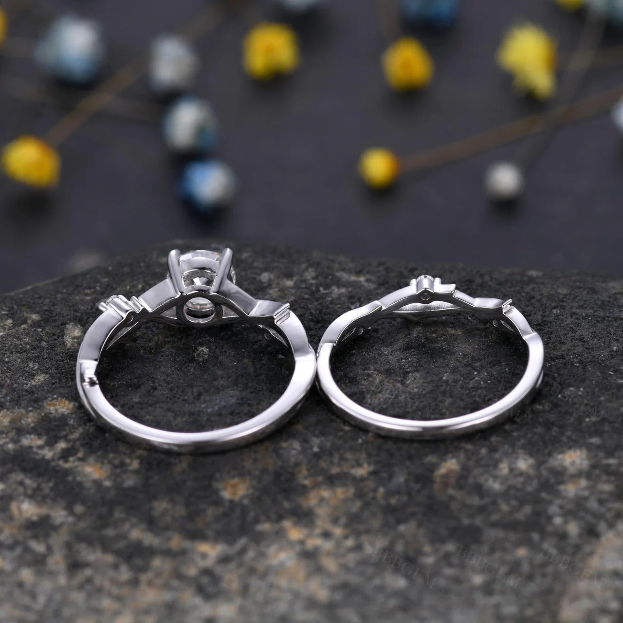 Round Cut Moissanite Twig Solitaire Engagement Bridal Sets
