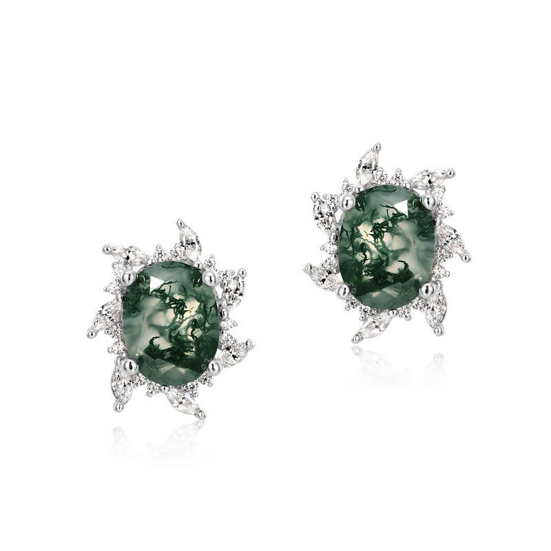 Oval Cut Moss Agate Nature Inspired Sunflower Stud Earrings