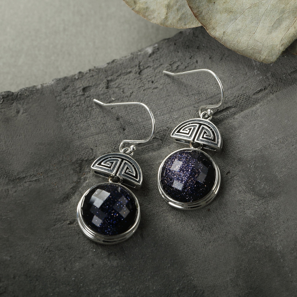Round Cut Galaxy Blue Sandstone Unique Earrings