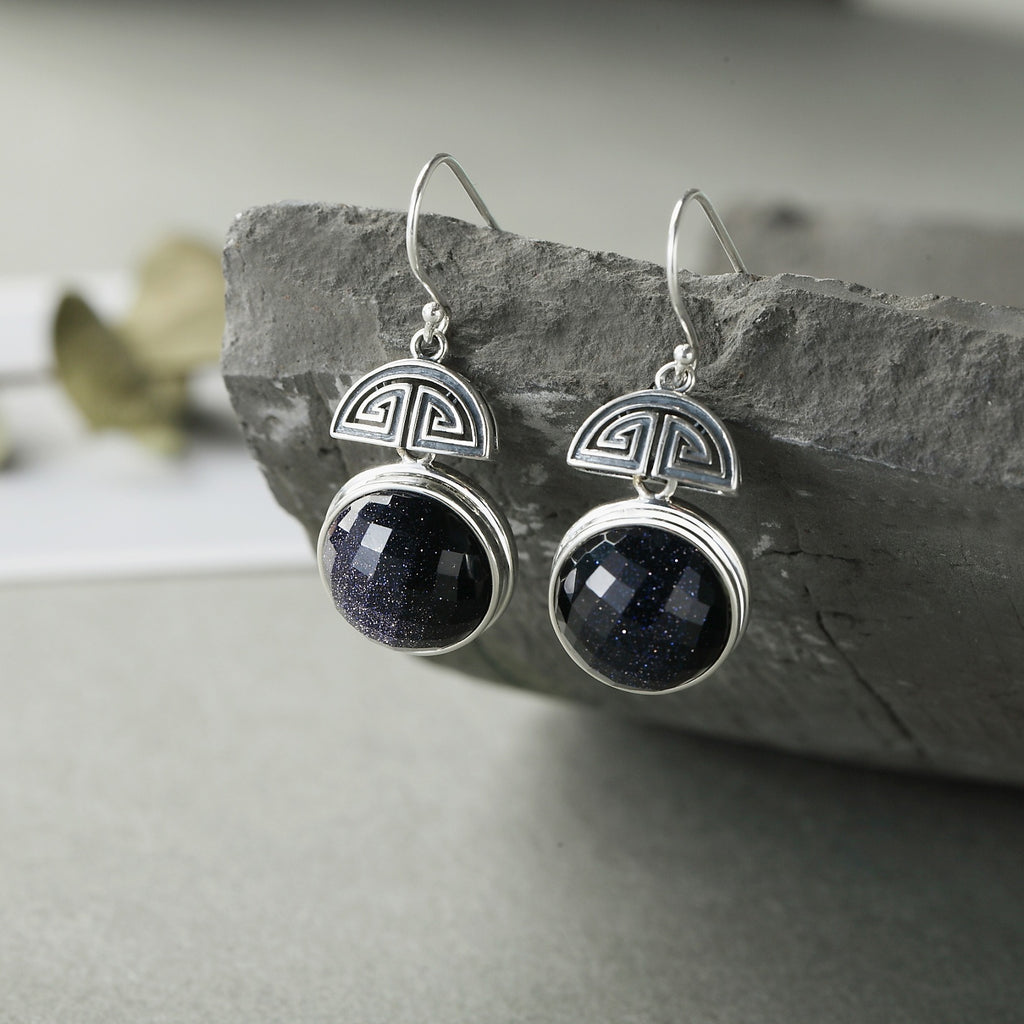 Round Cut Galaxy Blue Sandstone Unique Earrings