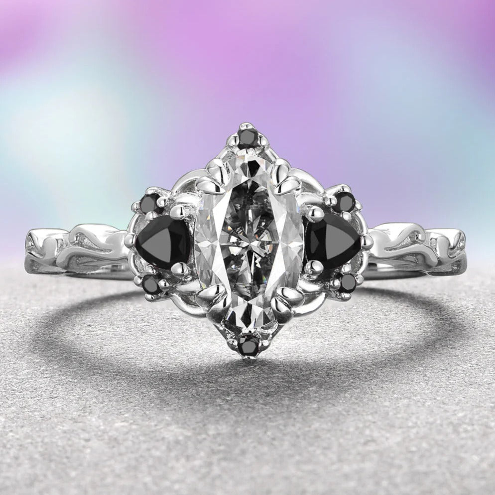 Three Stone Oval Grey Moissanite & Black Moissanite Gothic Ring