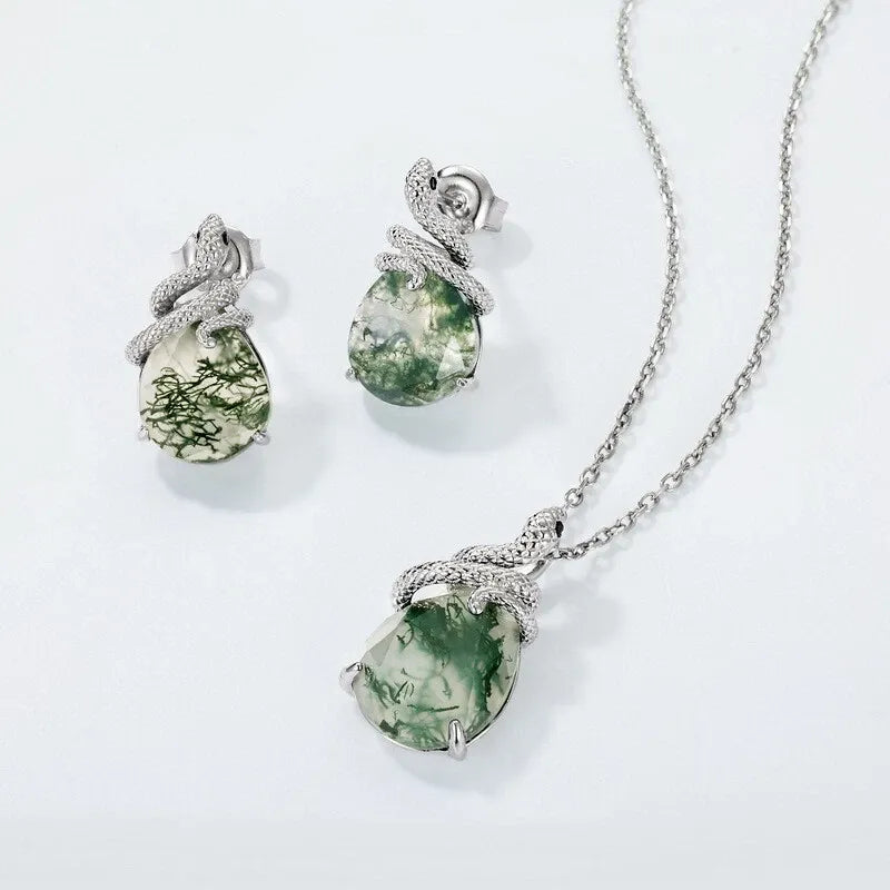 Pear Cut Moss Agate Mystical Serpent Carved Nature Inspired  Necklace