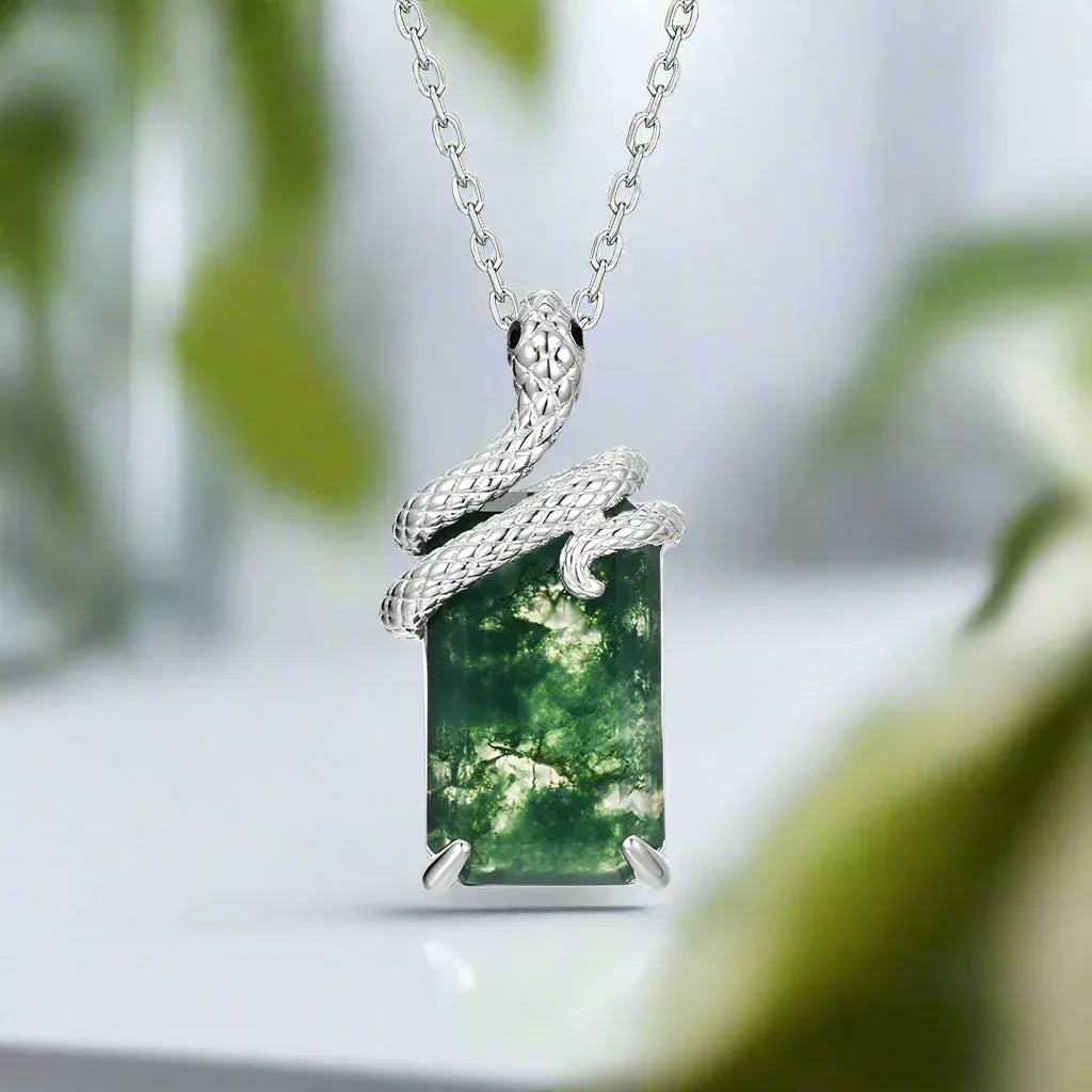 Pear Cut Moss Agate Mystical Serpent Carved Nature Inspired  Necklace