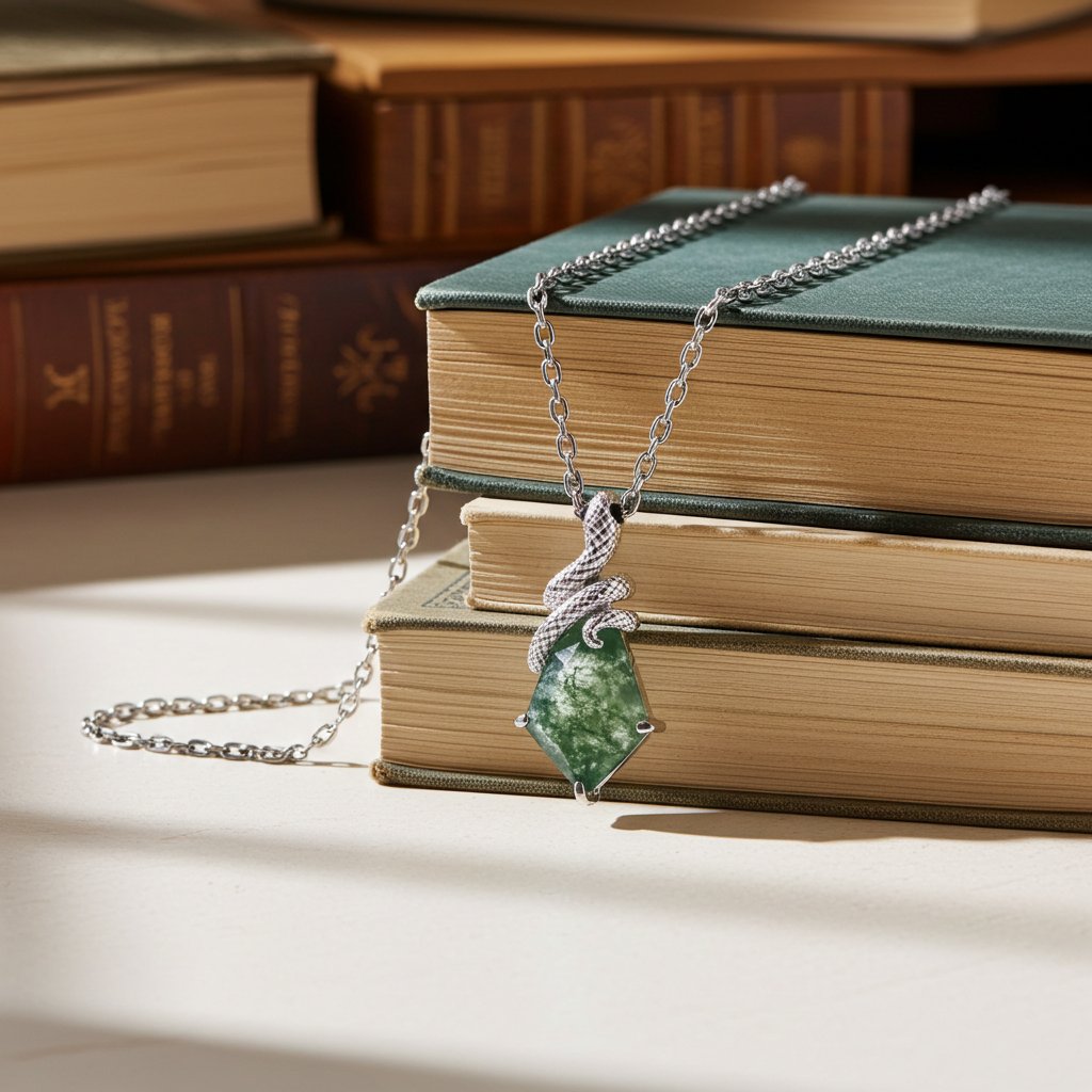 Pear Cut Moss Agate Mystical Serpent Carved Nature Inspired  Necklace