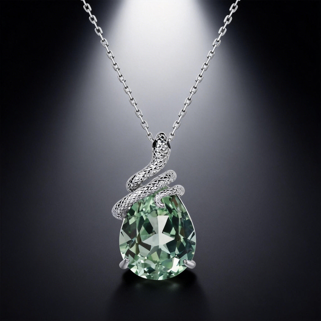 Pear Cut Lab Green Sapphire Mystical Serpent Carved Nature Inspired Necklace - Serpens