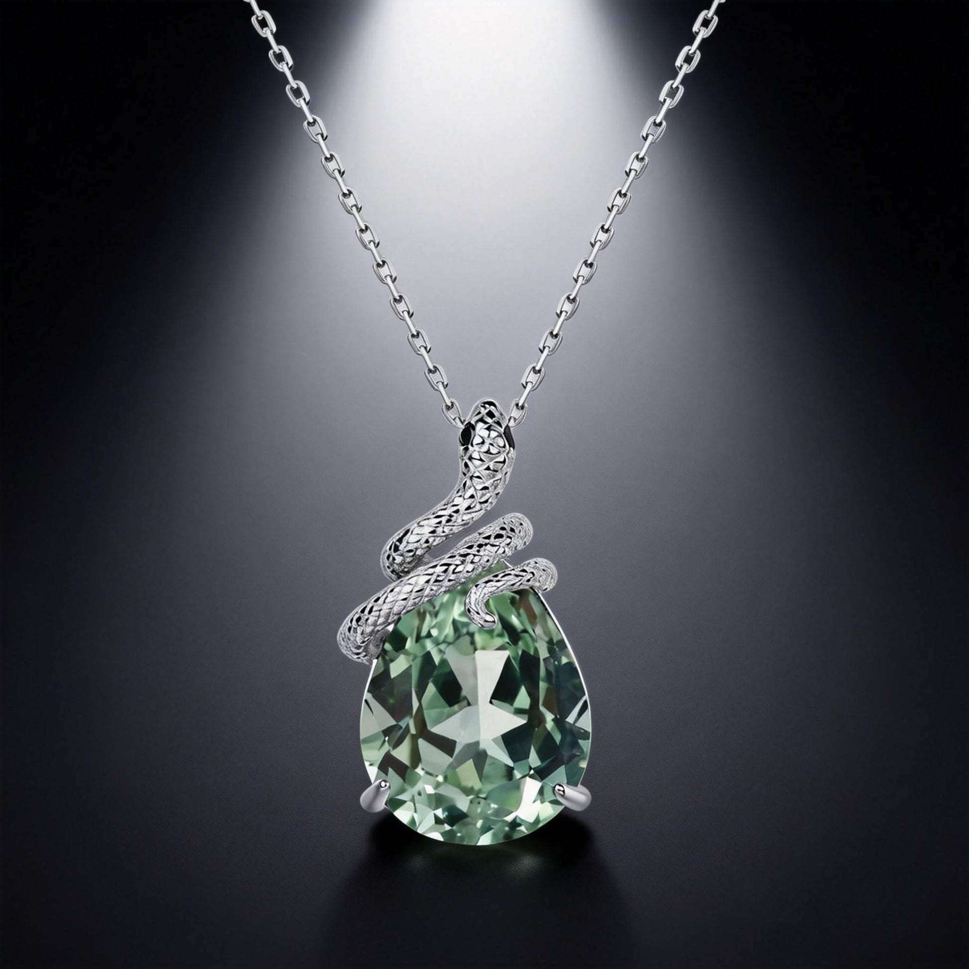 Collier inspiré par la nature, orné d'un serpent mystique sculpté en saphir vert de laboratoire taille poire - Serpens
