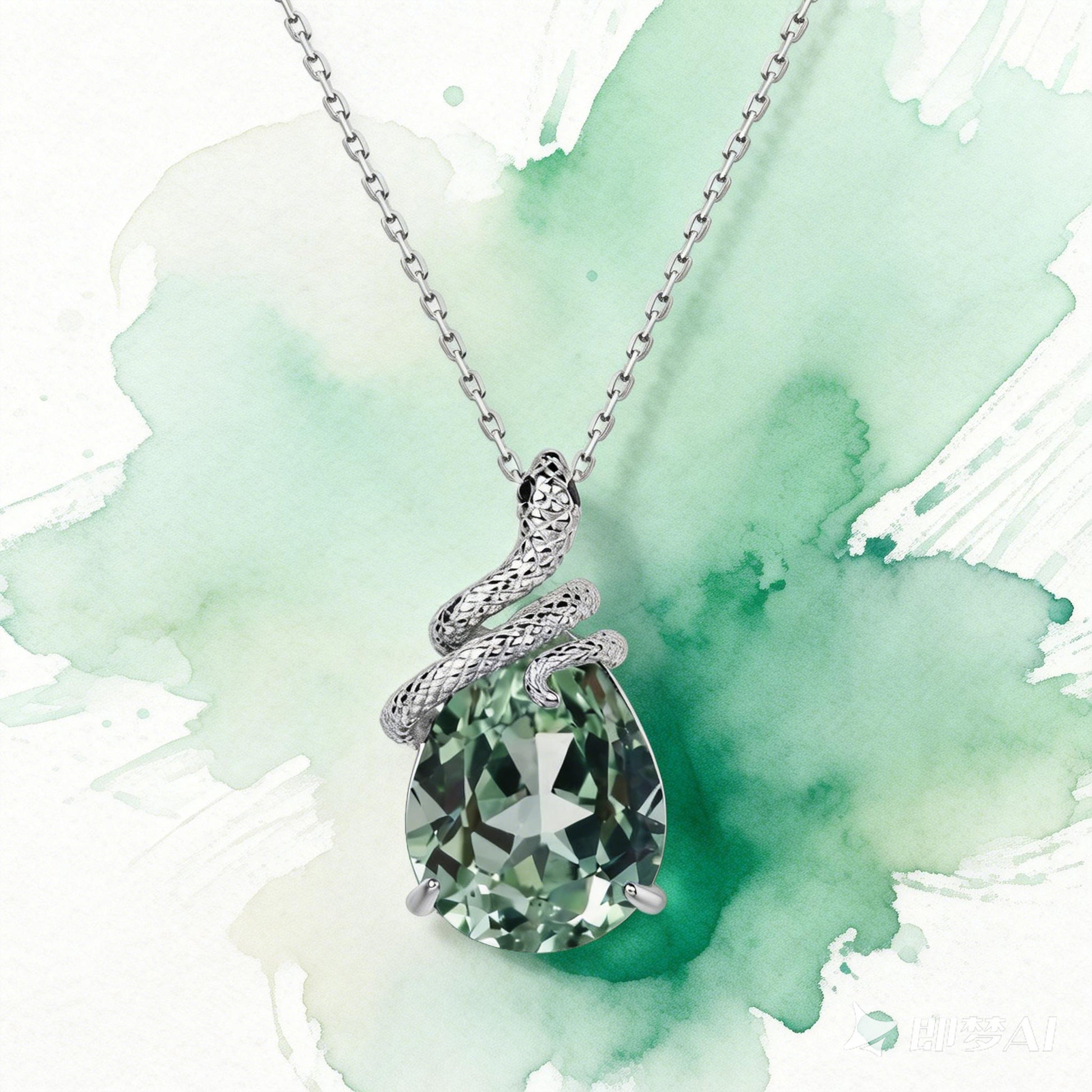 Collier inspiré par la nature, orné d'un serpent mystique sculpté en saphir vert de laboratoire taille poire - Serpens