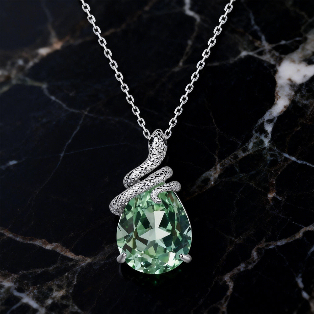 Pear Cut Lab Green Sapphire Mystical Serpent Carved Nature Inspired Necklace - Serpens
