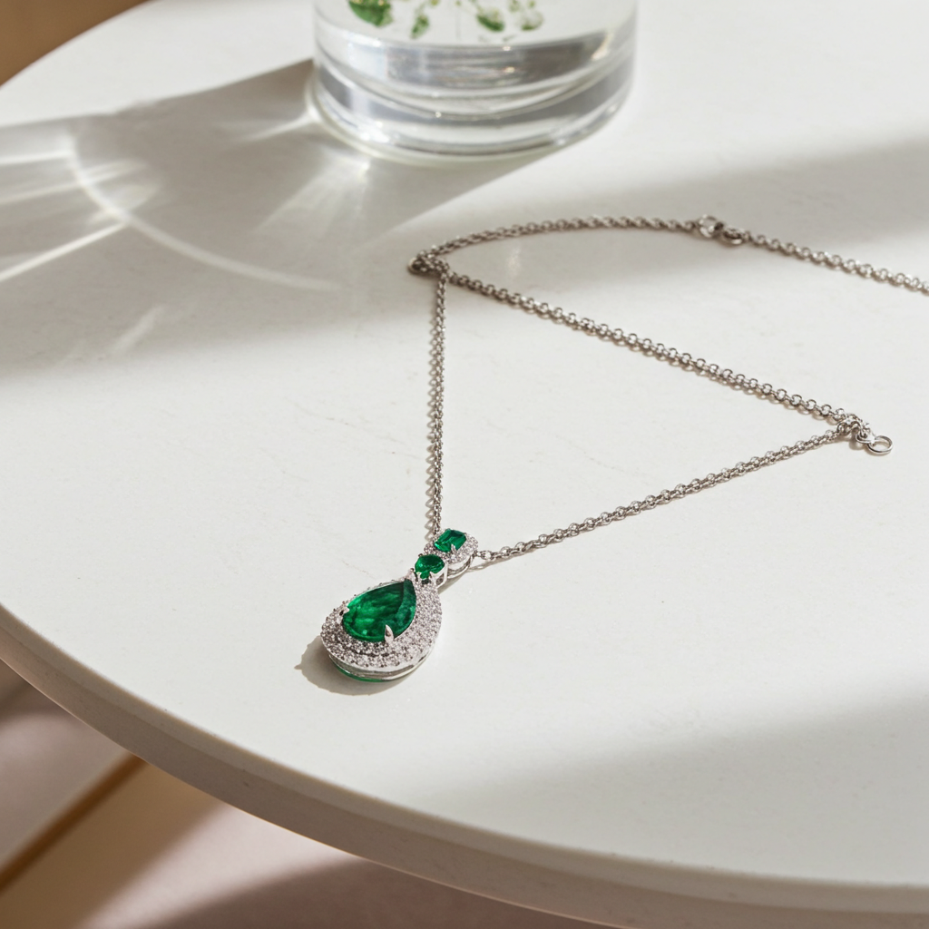 Pear Cut Emerald Halo Pendant Necklace