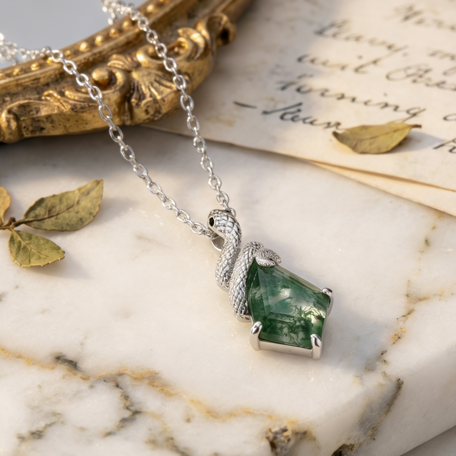 Kite Cut Moss Agate Mystical Serpent Carved Nature Inspired Necklace