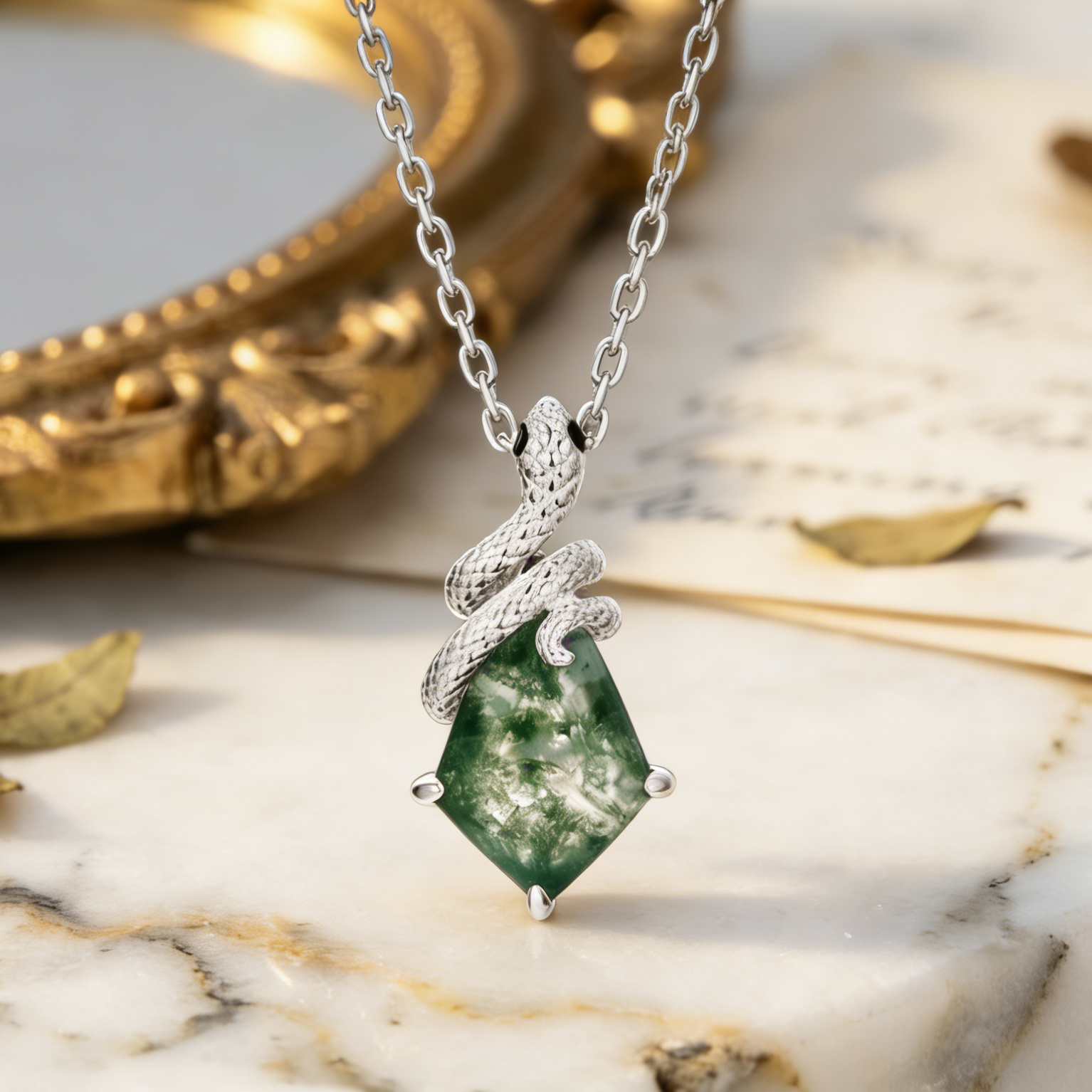 Kite Cut Moss Agate Mystical Serpent Carved Nature Inspired Necklace