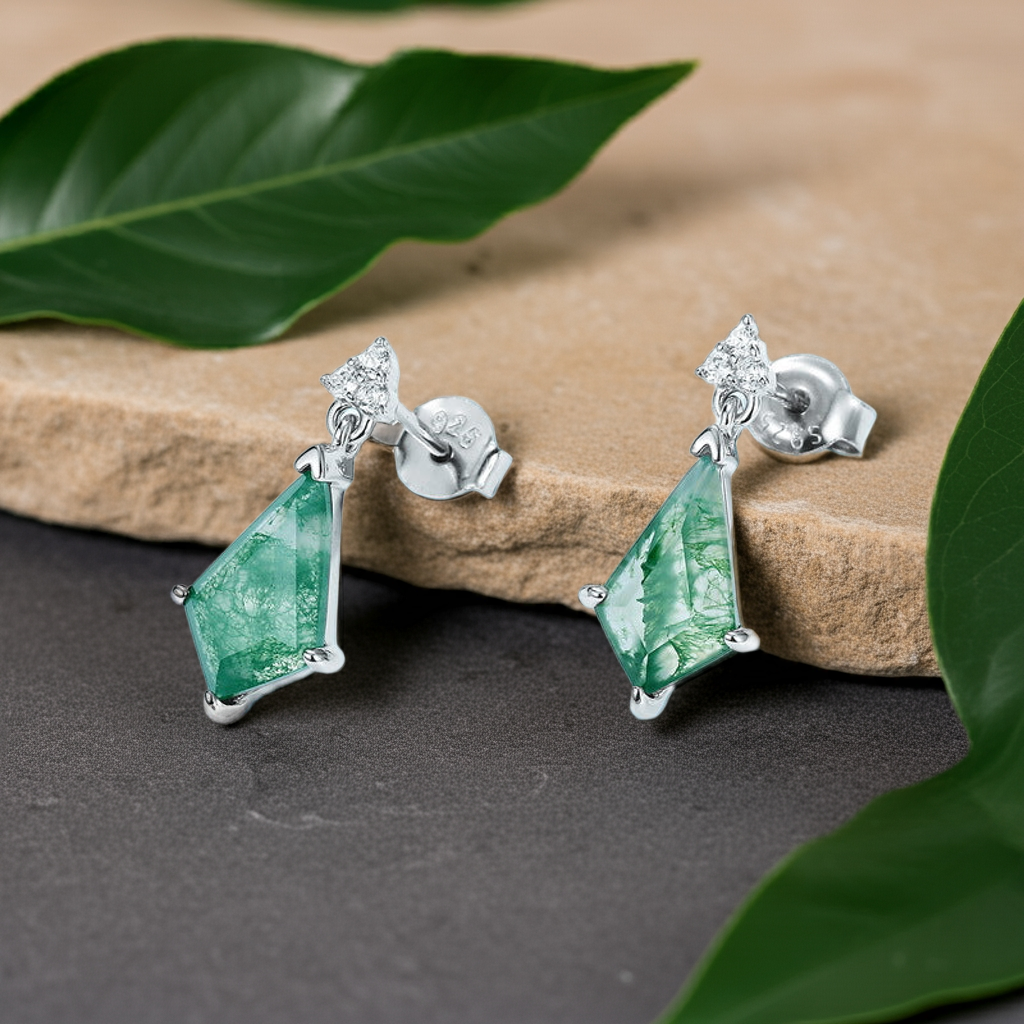 Kite Cut Moss Agate Minimalist Classic Collection Drop Earrings