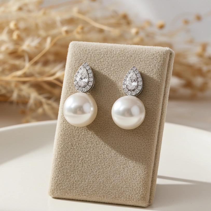 10K/14K Pear Cut Zircon & Natural Pearl Drop Earrings Classic Wedding Earrings