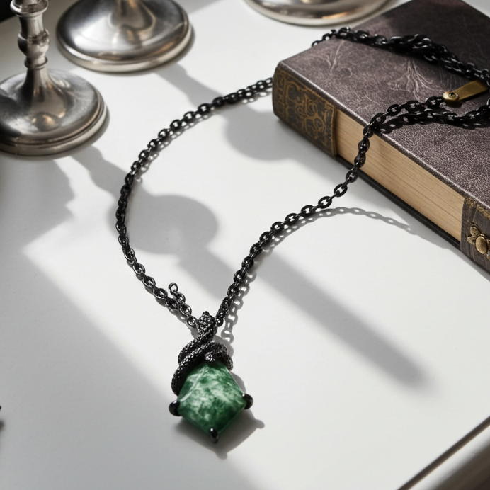 Collier gothique en agate mousse taillée en cerf-volant, serpent mystique sculpté, or noir, pour petite amie - « Cape »