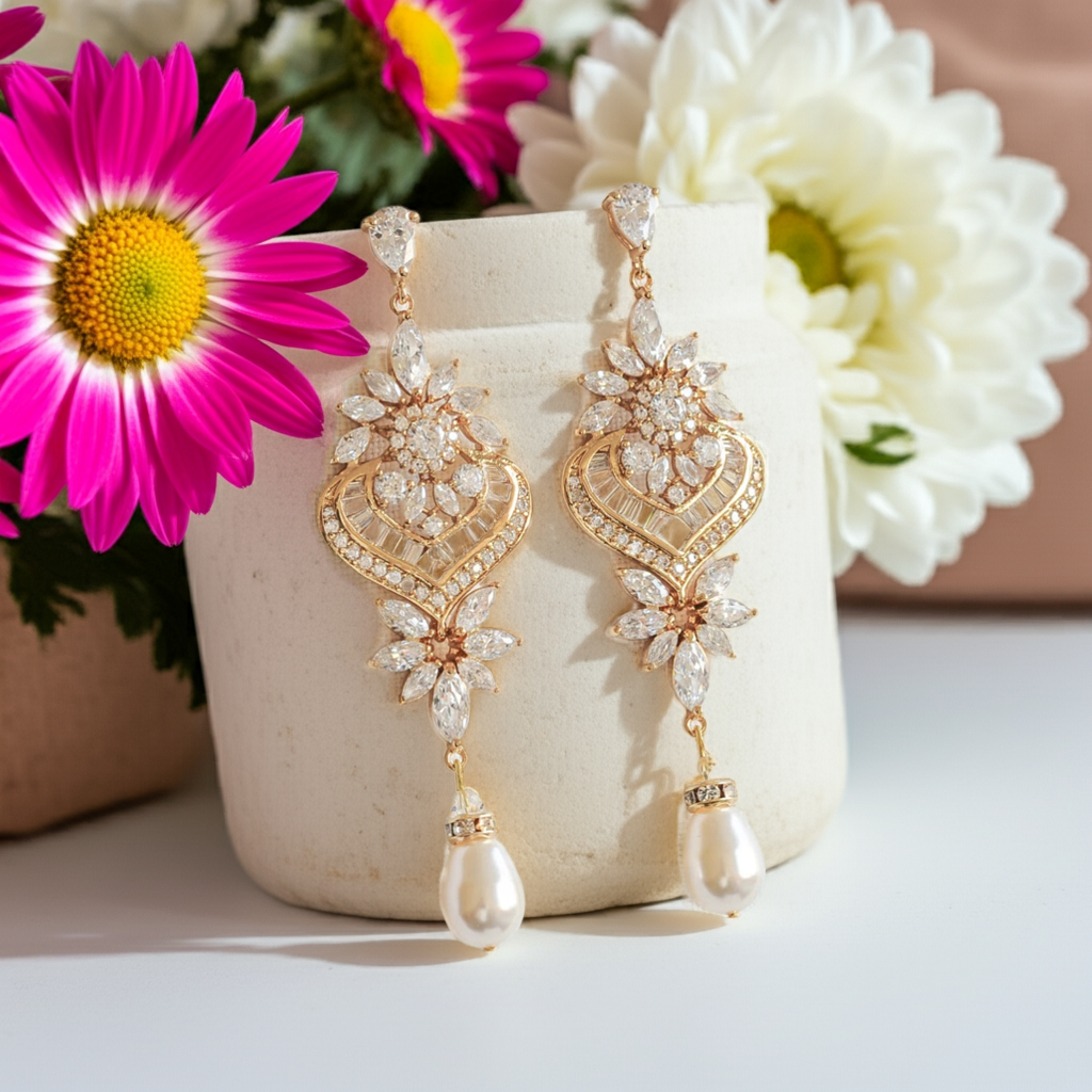 Moissanite & Pearl Chandelier Long Dangle Vintage Bridal Earrings