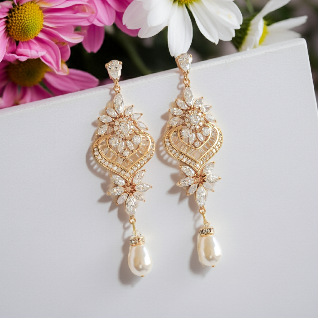 Moissanite & Pearl Chandelier Long Dangle Vintage Bridal Earrings