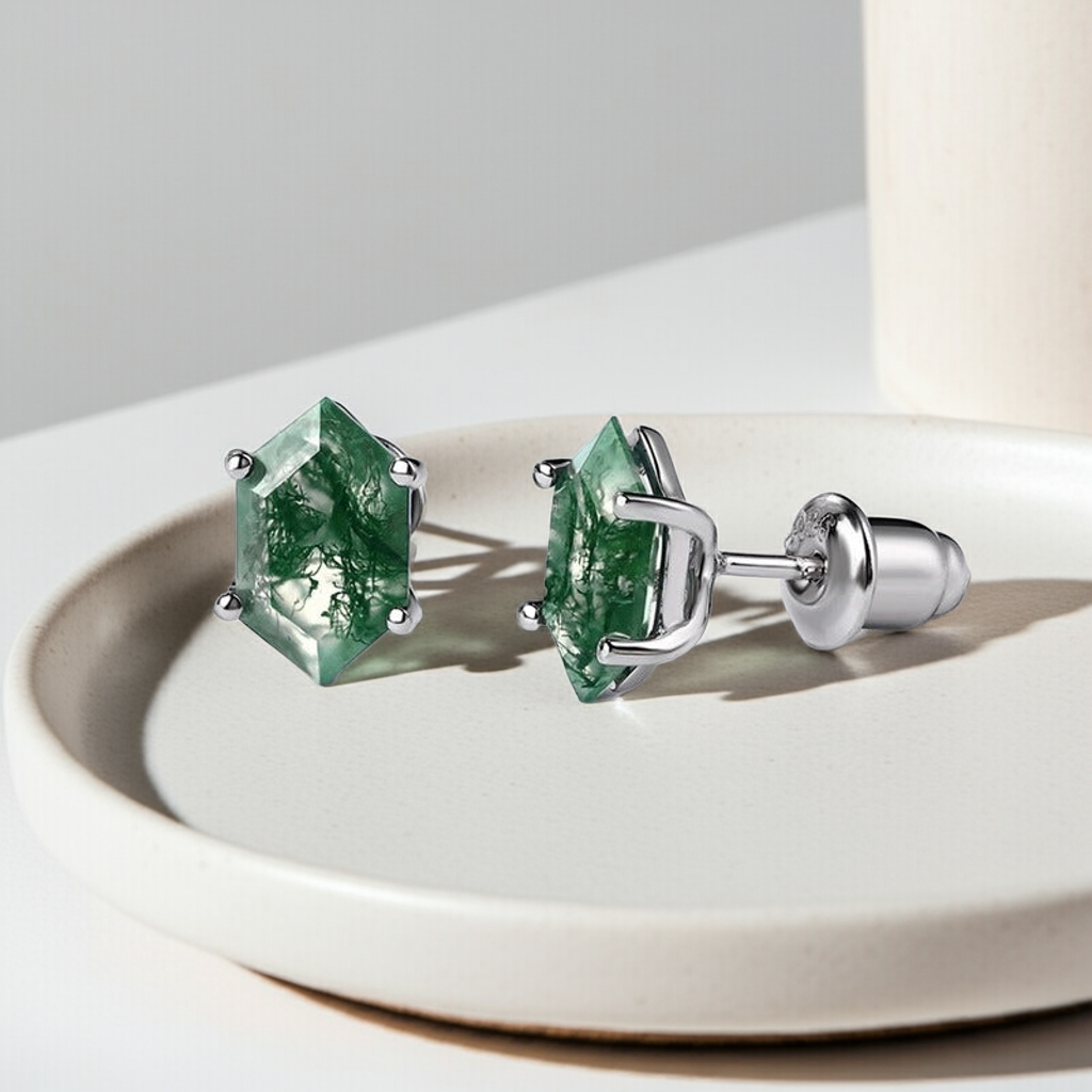 Hexagon Cut Moss Agate Classic Stud Earrings for Women