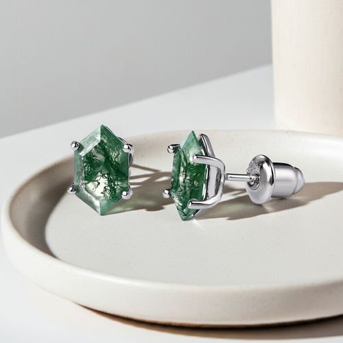Hexagon Cut Moss Agate Classic Stud Earrings for Women