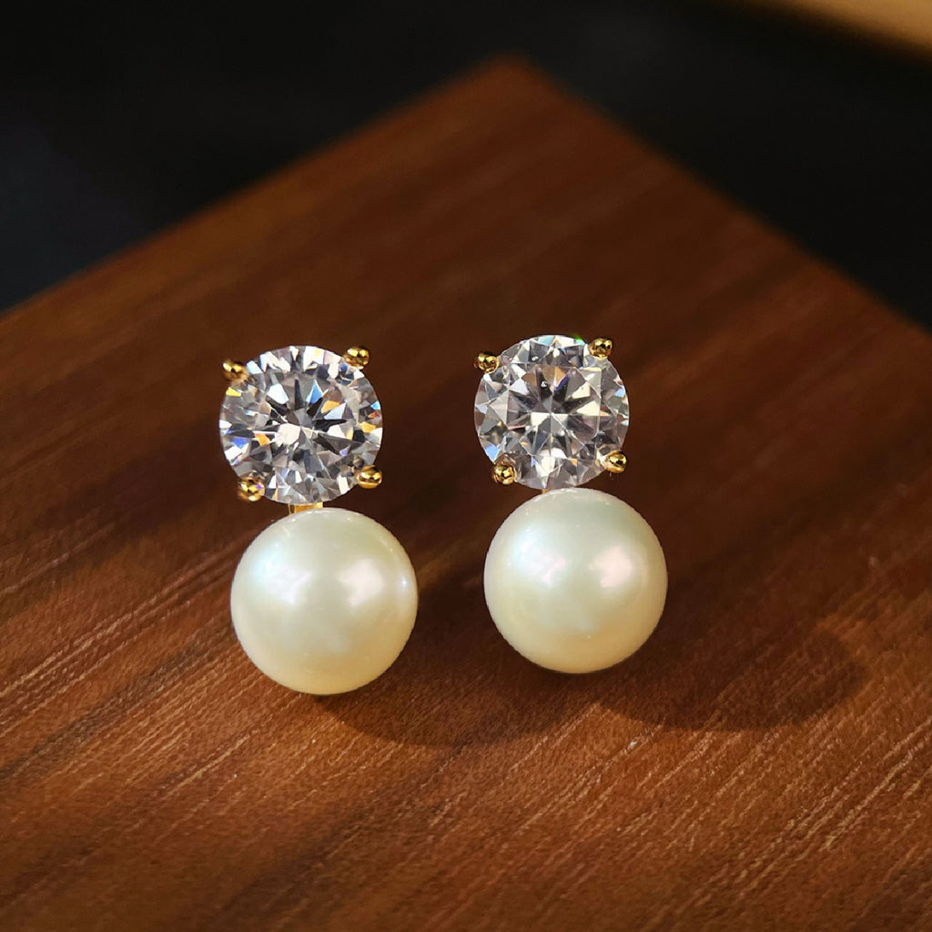 10K/14K Round Cut Zircon & Natural Pearl Classic Drop Earrings Wedding Earrings