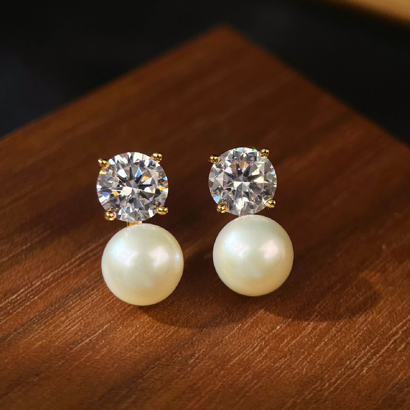 10K/14K Round Cut Zircon & Natural Pearl Classic Drop Earrings Wedding Earrings