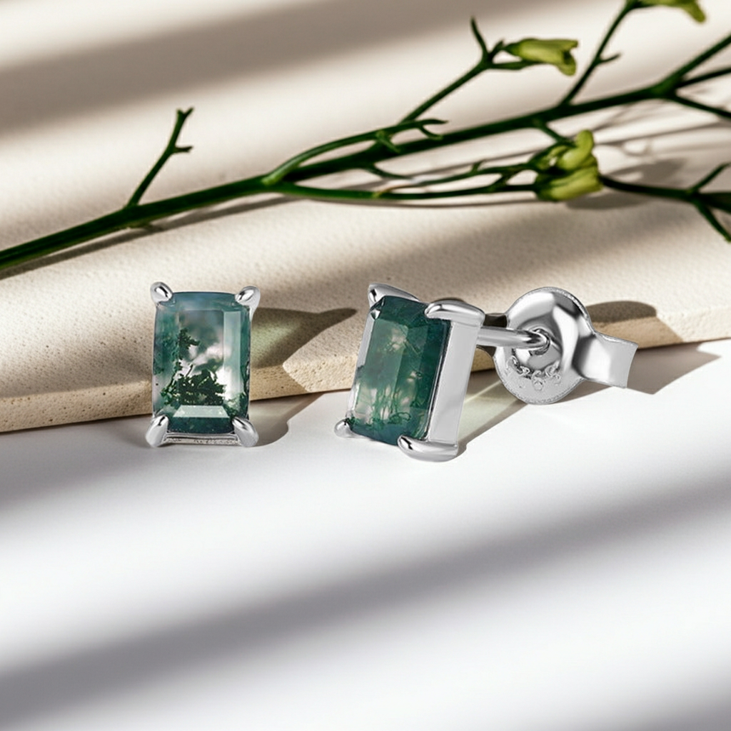 Mossgrove - Boucles d'oreilles solitaires classiques en agate mousse taille émeraude