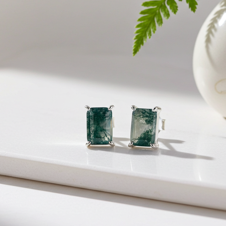 Mossgrove - Boucles d'oreilles solitaires classiques en agate mousse taille émeraude