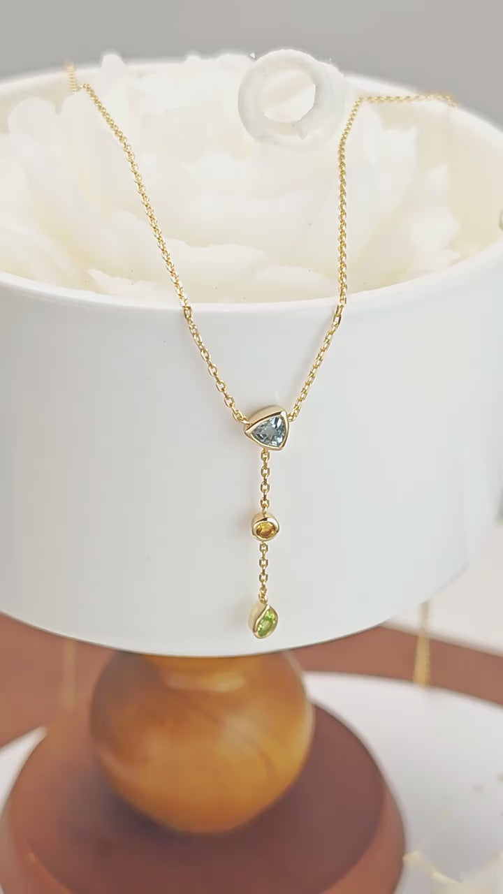 Seraphina -  Pear Cut Aquamarine Citrine and Green Peridot Layered and Elegant Classic Necklace
