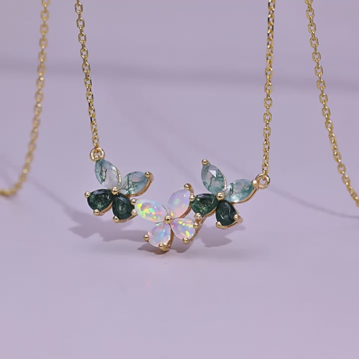 Marquise Cut Moss Agate Mystical Nature Inspired Four-leaf Clover Shape Necklace