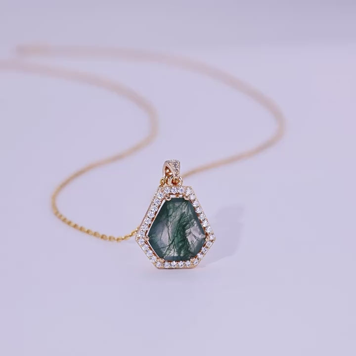 Unique Coffin Cut Moss Agate Halo Necklace - Arden
