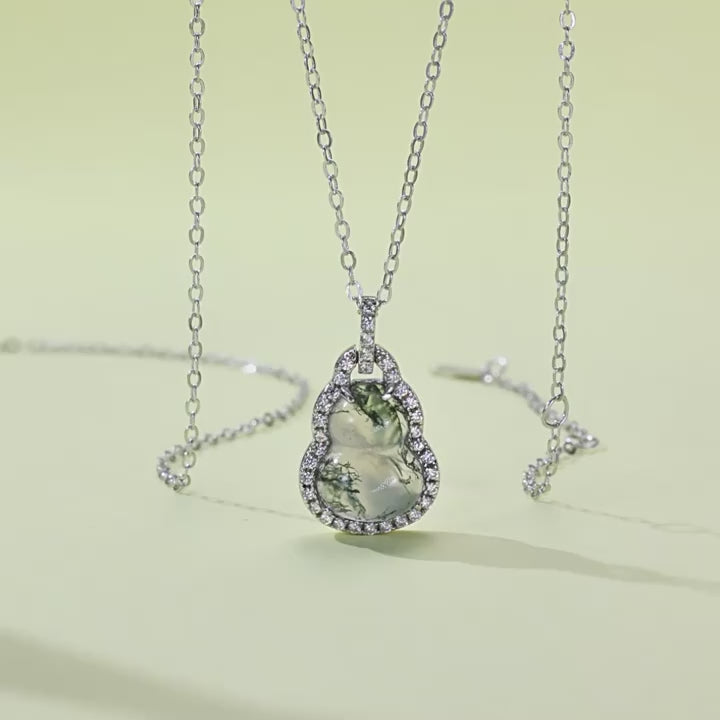 Natural Moss Agate Gourd Cut Necklace "The Bottle of Fortune"
