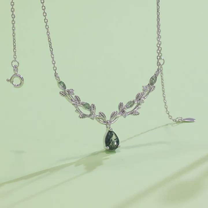 Olive Leaf Branch Green Moss Agate Collarbone Necklace Pear Cut Birthday Gift "Olivae"