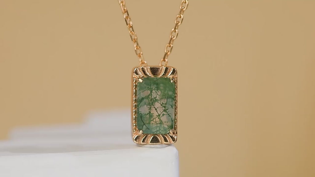 Emerald Cut Moss Agate Vintage Necklace - Lenora