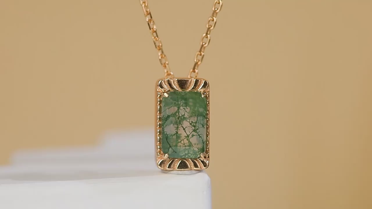 Emerald Cut Moss Agate Vintage Necklace - Lenora