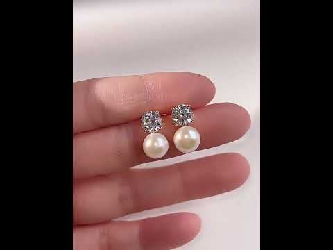 10K/14K Round Cut Zircon & Natural Pearl Classic Drop Earrings Wedding Earrings