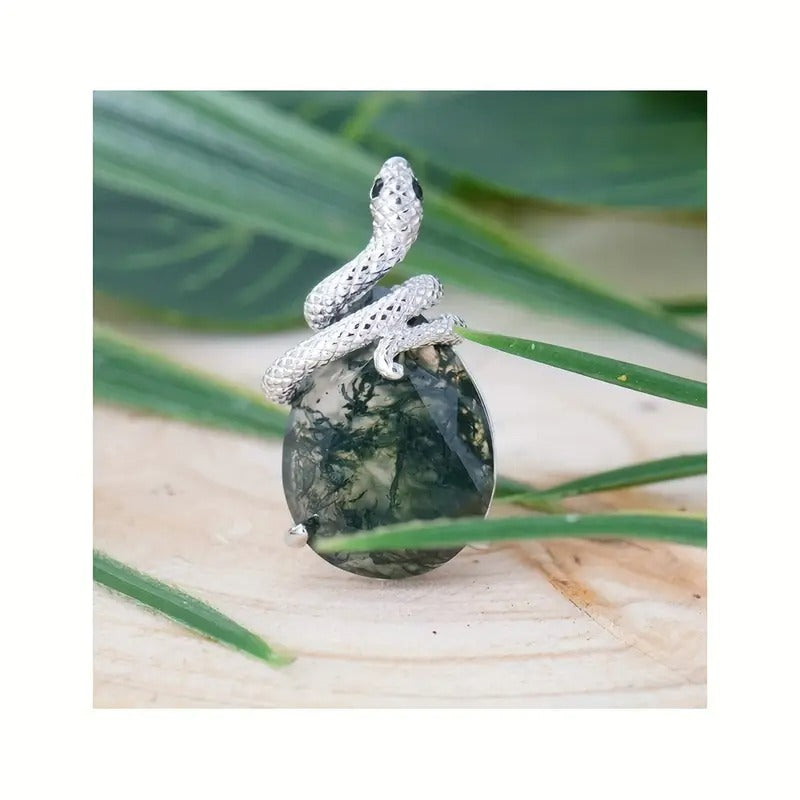 Pear Cut Moss Agate Mystical Serpent Carved Nature Inspired  Necklace