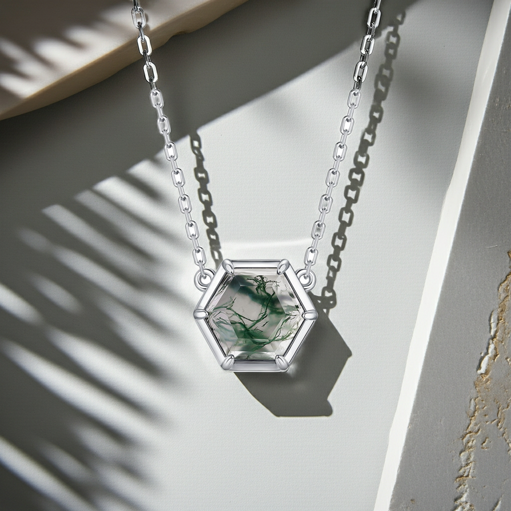 Zephyr - Hexagon Cut Moss Agate Classic Pendant