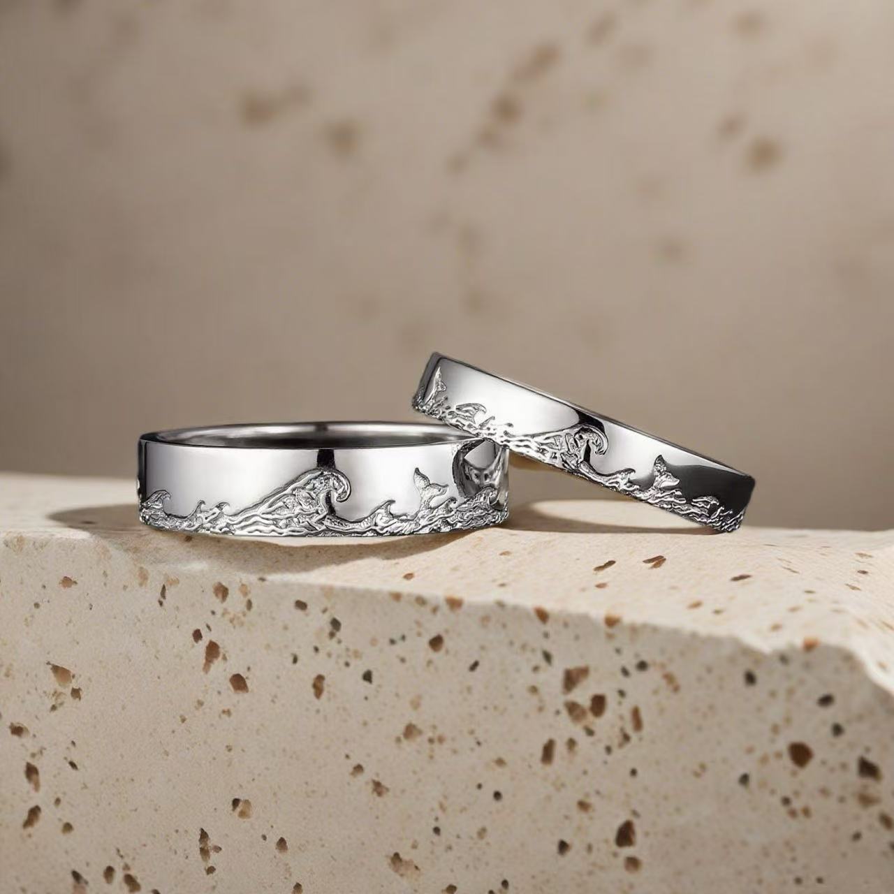 Eternal Waves – Unique His and Hers Rose Gold Ocean Couple Wedding Ring Set