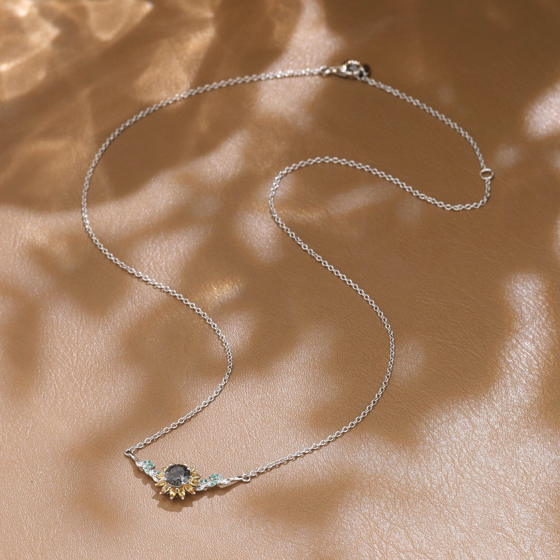 Eleanor Round Cut Black Rutilated Quartz Nature Sunflower Design Necklace